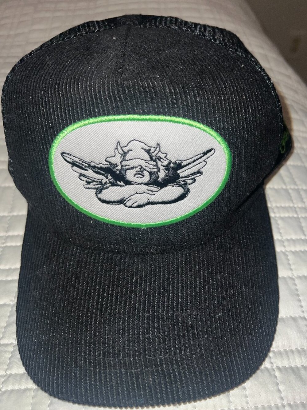 Boys Lie Black Corduroy Cherub Patch Mesh Snapback Trucker Hat OS